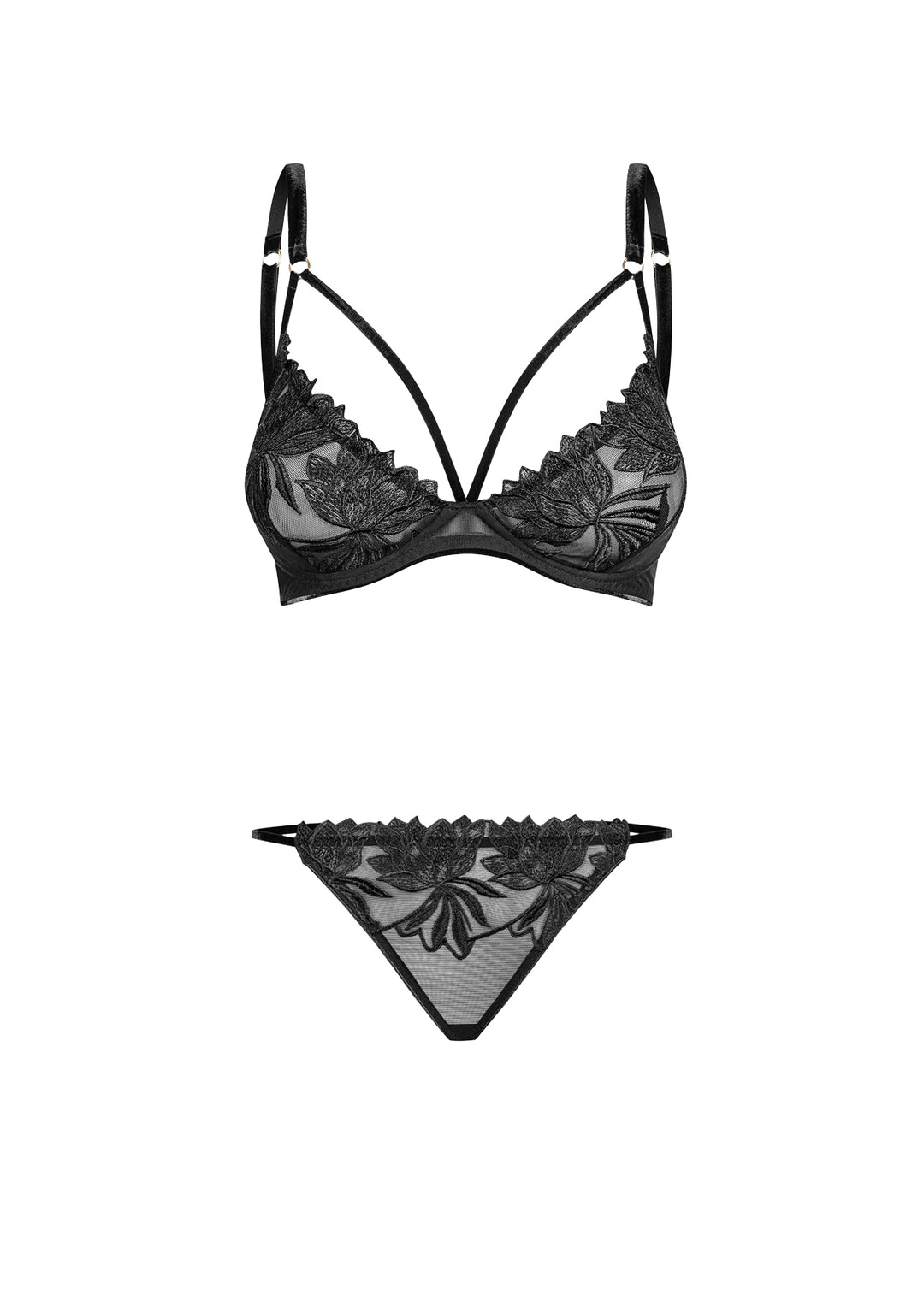 Plunge underwired bra with embroidery and brief