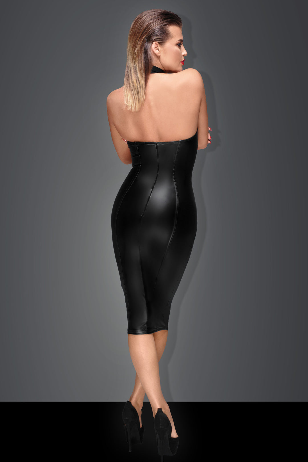 Woman wearing Backless Black Pencil Dress back view