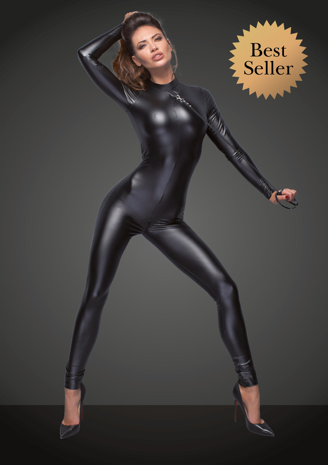 woman wearing Catsuit with leash and 2-way zipper front view