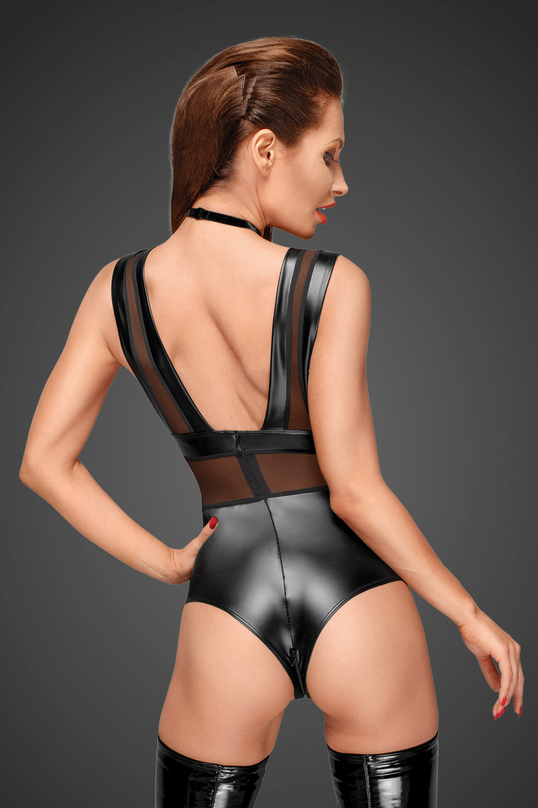 Powerwetlook Body with Wide Straps, Tulle Inserts, and Velvet Choker back view