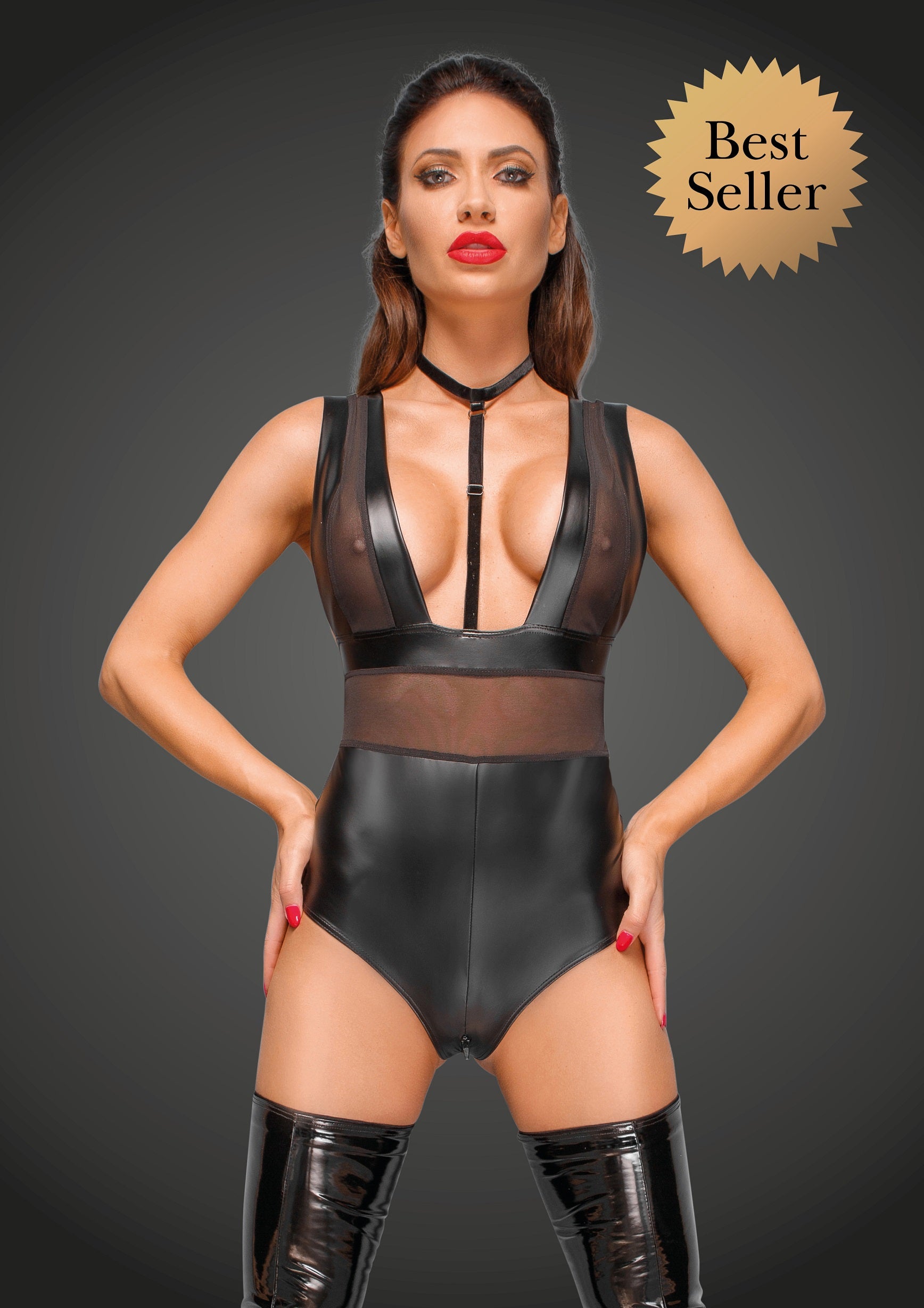 Powerwetlook Body with Wide Straps, Tulle Inserts, and Velvet Choker front view