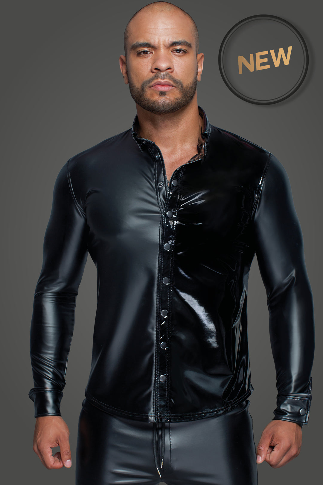 Long-sleeved wetlook & PVC shirt with buttons